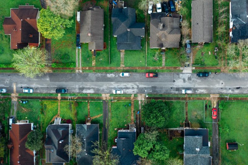 Highangle aerial shot of a suburban neighborhood street